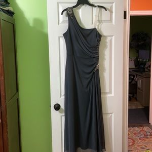 Charcoal grey Alex Evenings one shoulder full length gown